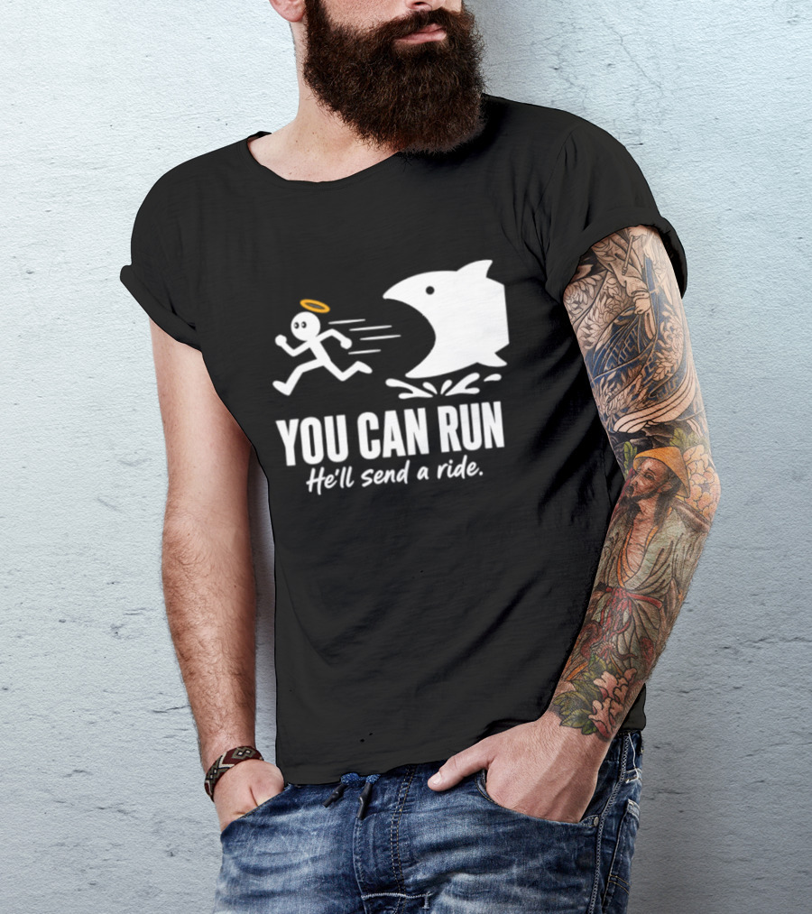 Angel Fleeing Shark You Can Run He'll Send A Ride Humor T-Shirt