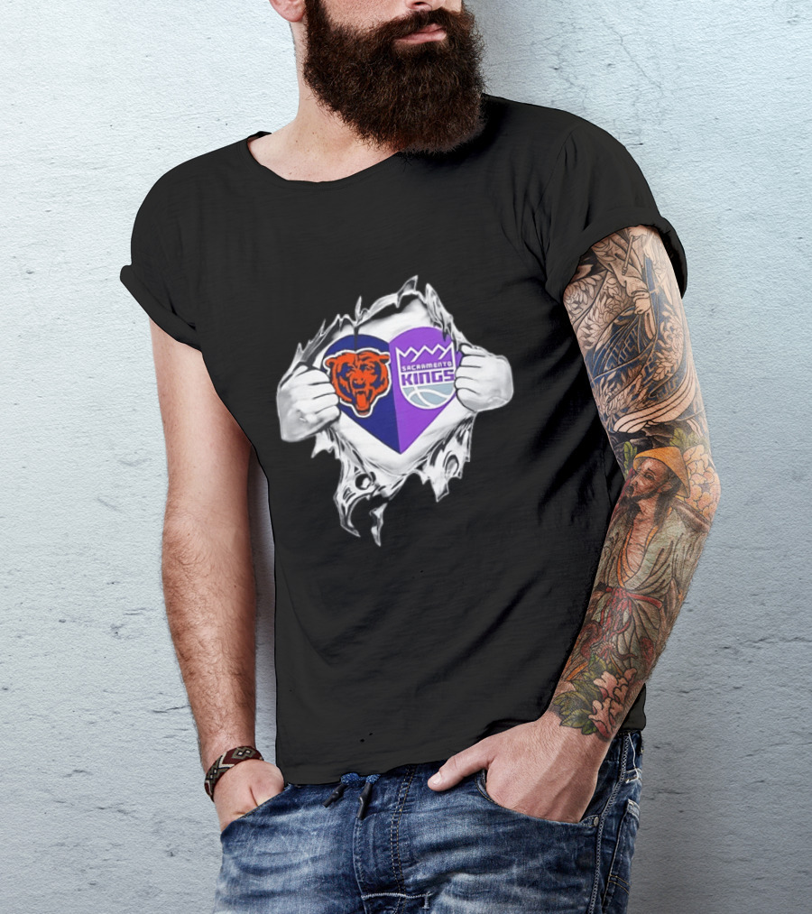 Heart Rip Chicago Bears Sacramento Kings Fan Logo Combo T-Shirt