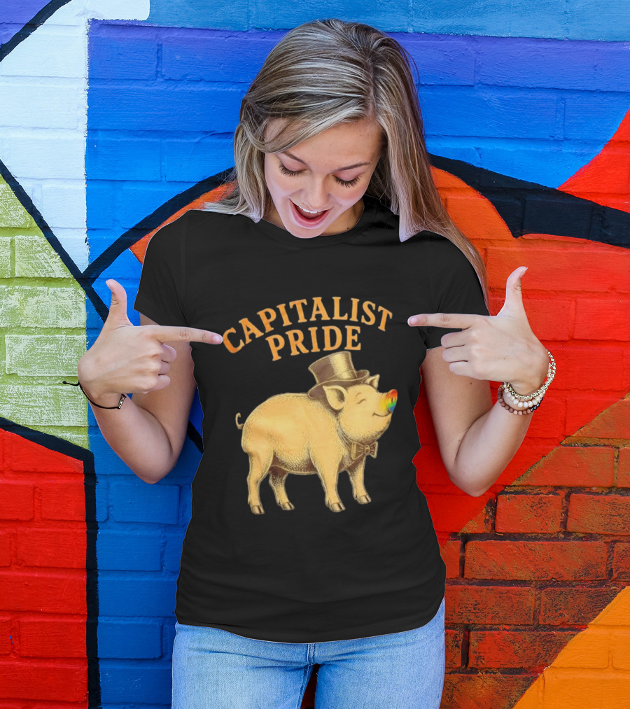Capitalist Pride Pig With Rainbow Nose And Top Hat Bow Tie T-Shirt
