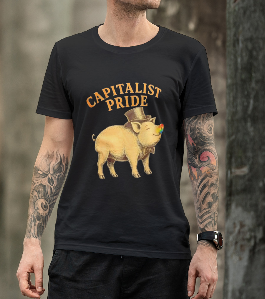 Capitalist Pride Pig With Rainbow Nose And Top Hat Bow Tie T-Shirt