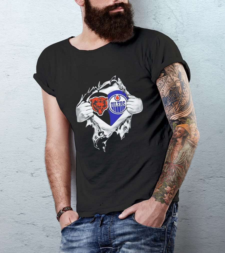 Chicago Bears And Edmonton Oilers Logo Heart Tear T-Shirt