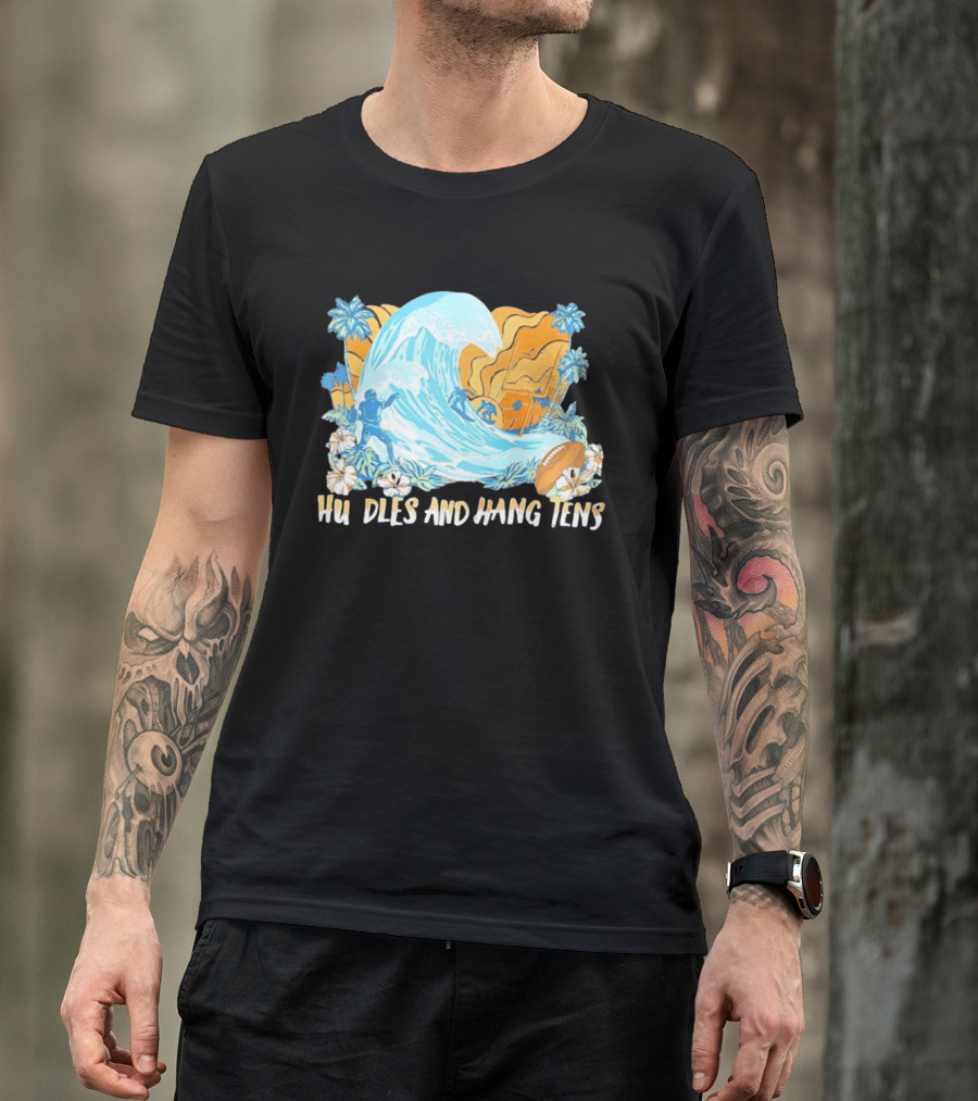 Los Angeles Chargers Tommy Bahama Huddle And Hang Tens Tropical Wave Football Scene T-Shirt