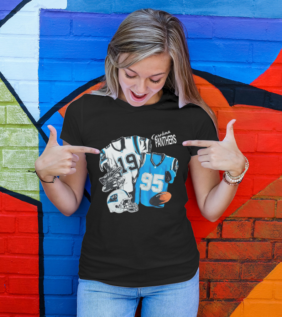 Carolina Panthers 19 95 Jerseys And Helmet With Football T-Shirt