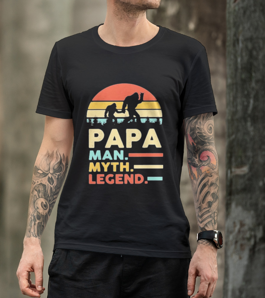 Papa Man Myth Legend Bigfoot Retro Sunset T-Shirt