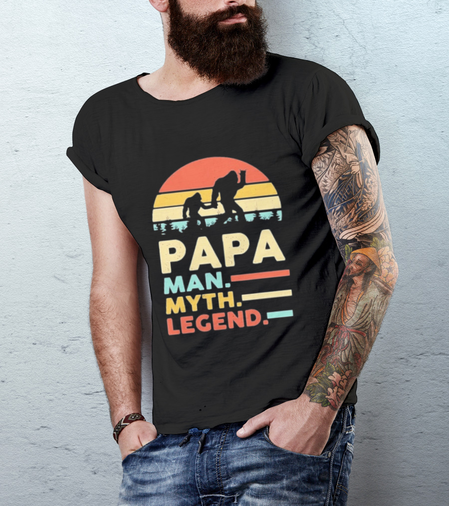Papa Man Myth Legend Bigfoot Retro Sunset T-Shirt