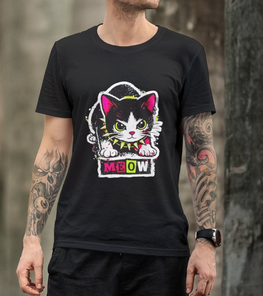 Punk Rock Cat Studded Collar Meow For Music Fans And Cat Lovers T-Shirt