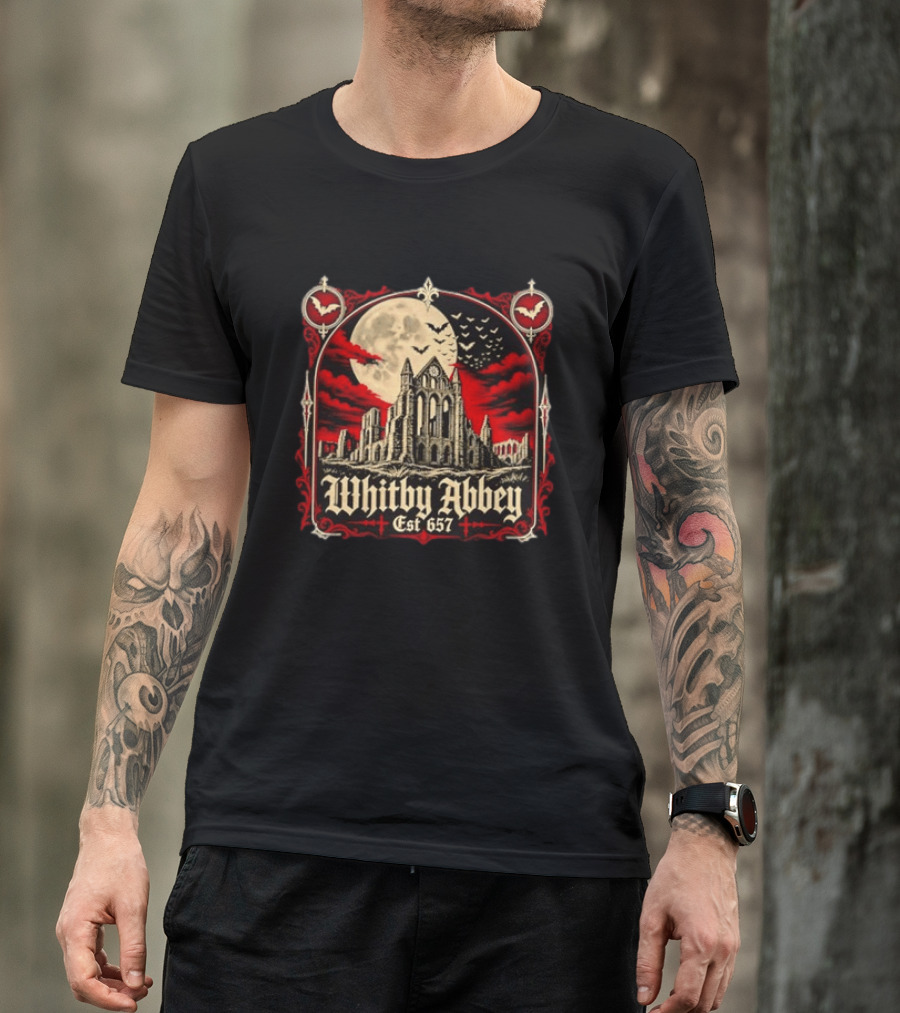 Whitby Abbey Gothic North Yorkshire England Est 657 Moon Bats T-Shirt