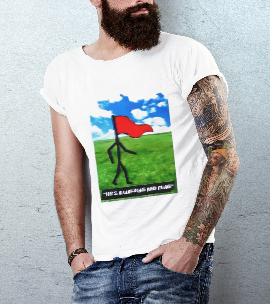 Stick Figure With Red Flag Walking In Field With Blue Sky T-Shirt