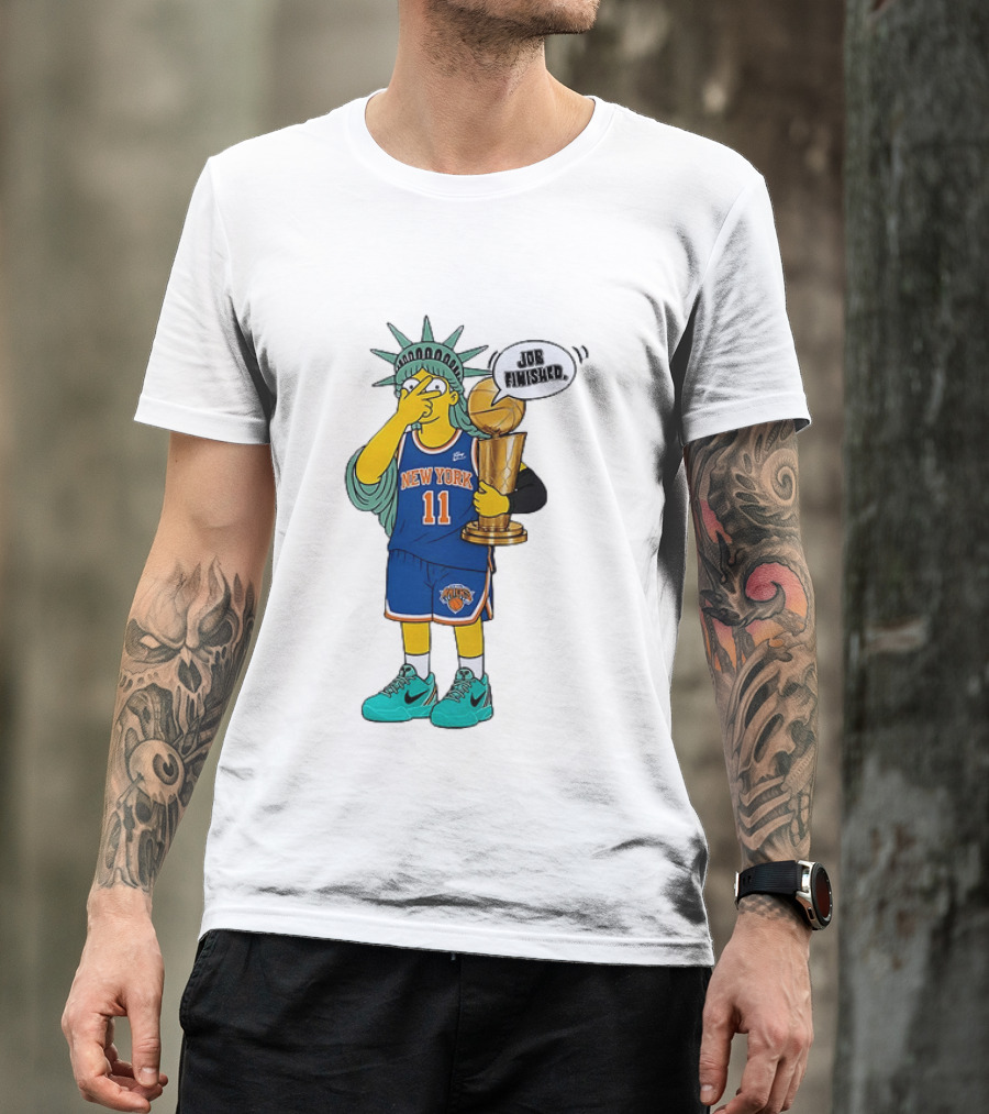 Statue Of Liberty Simpsons Jalen Brunson Hug Trophy New York Knicks Job Finished 2026 NBA Championship T-Shirt