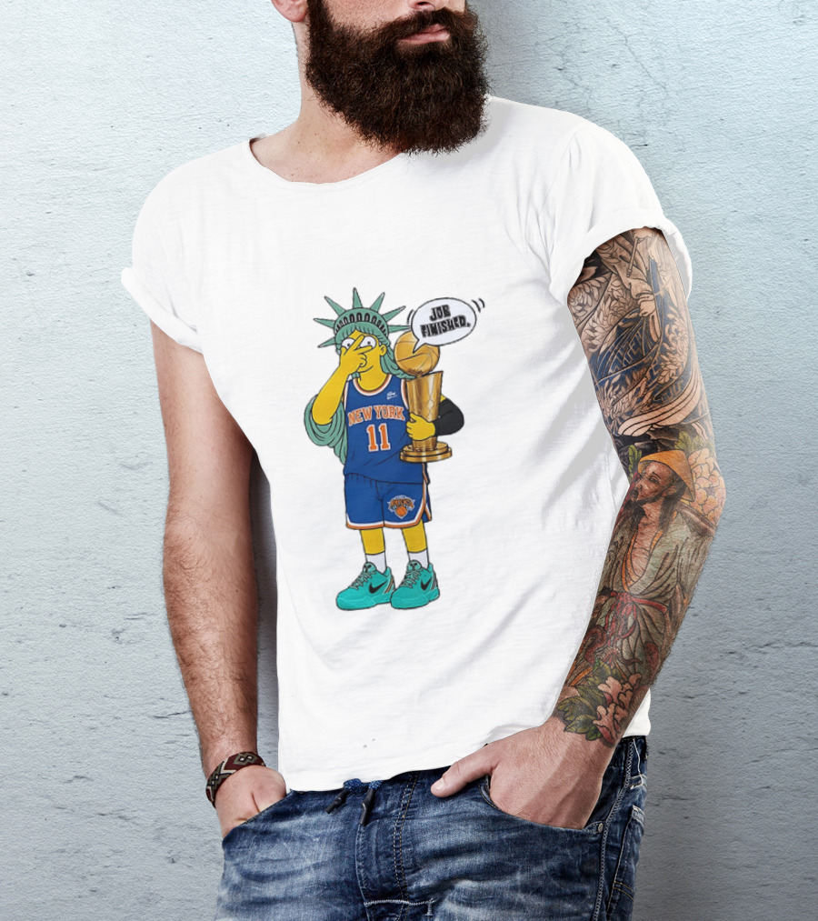 Statue Of Liberty Simpsons Jalen Brunson Hug Trophy New York Knicks Job Finished 2026 NBA Championship T-Shirt