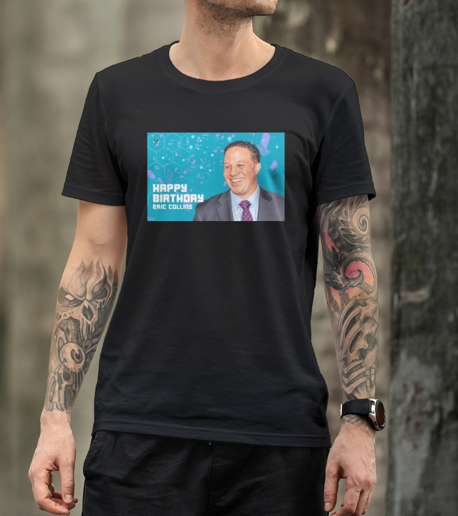 Happy 57th Birthday Eric Collins Celebration With Smiling Man And Turquoise Hexagonal T-Shirt