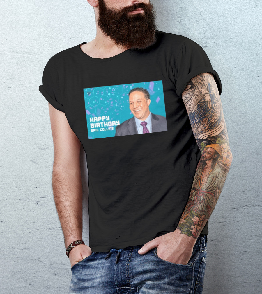 Happy 57th Birthday Eric Collins Celebration With Smiling Man And Turquoise Hexagonal T-Shirt