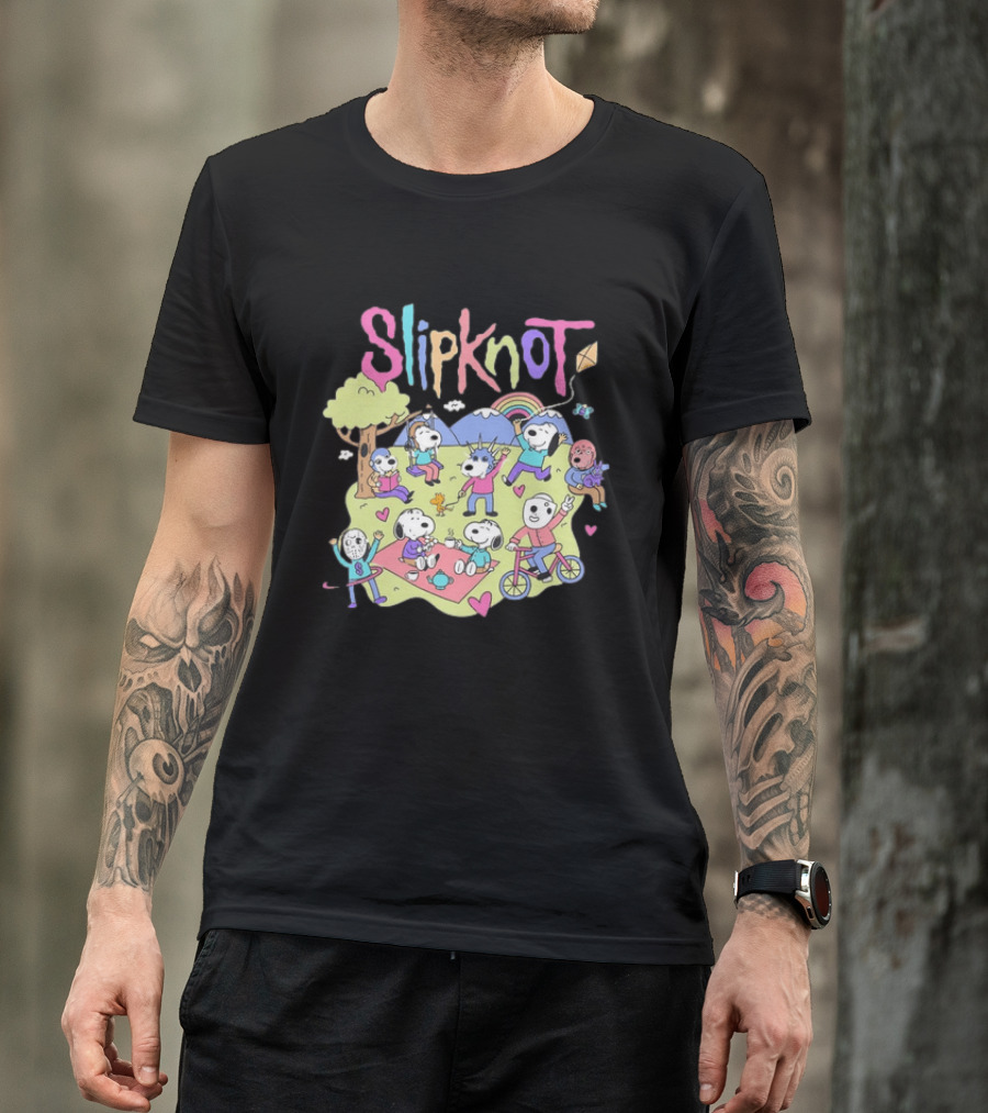 Snoopy Peanuts Characters Playing In Park With Slipknot T-Shirt