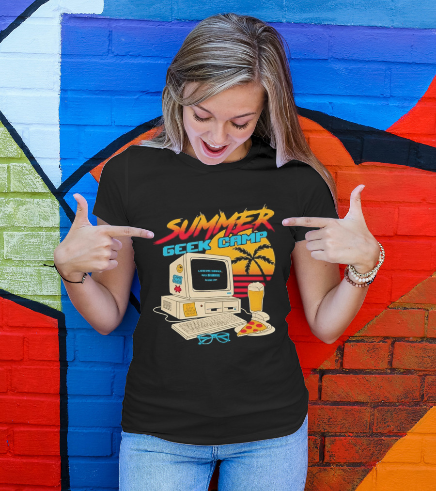 Summer Geek Camp Retro Computer Pizza And Palm Vibes T-Shirt