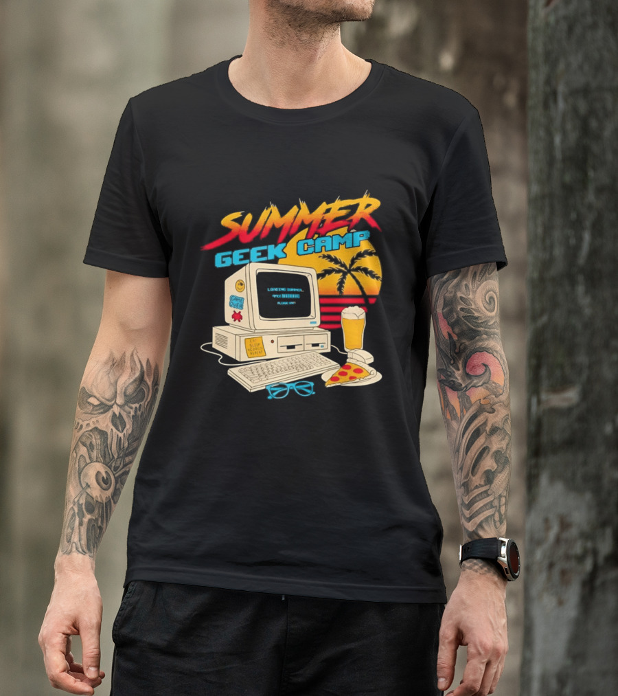 Summer Geek Camp Retro Computer Pizza And Palm Vibes T-Shirt