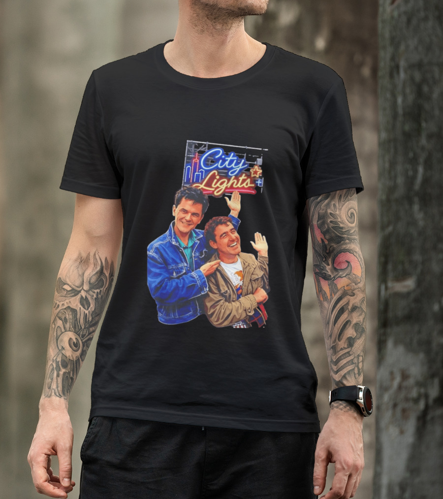 Two Men Smiling And Waving City Lights Neon Sign T-Shirt