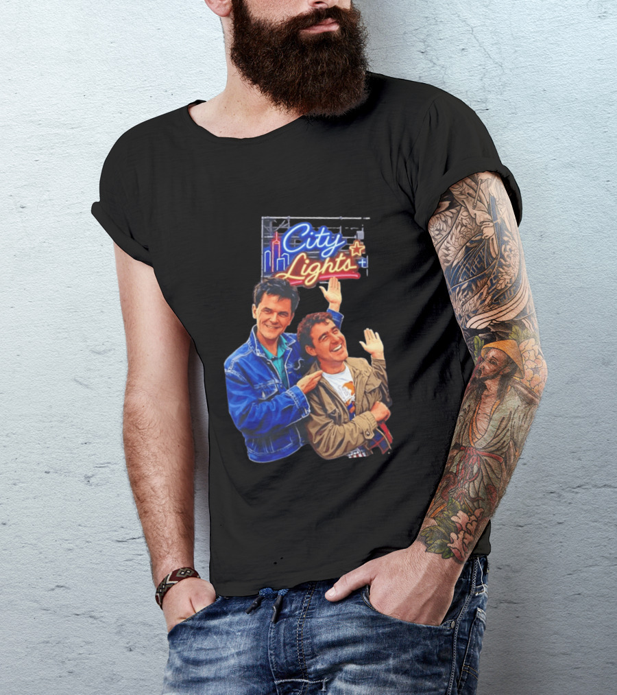 Two Men Smiling And Waving City Lights Neon Sign T-Shirt