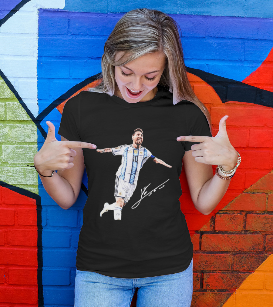 Lionel Messi 10 Argentina Jersey Signature Soccer Legend Celebration T-Shirt
