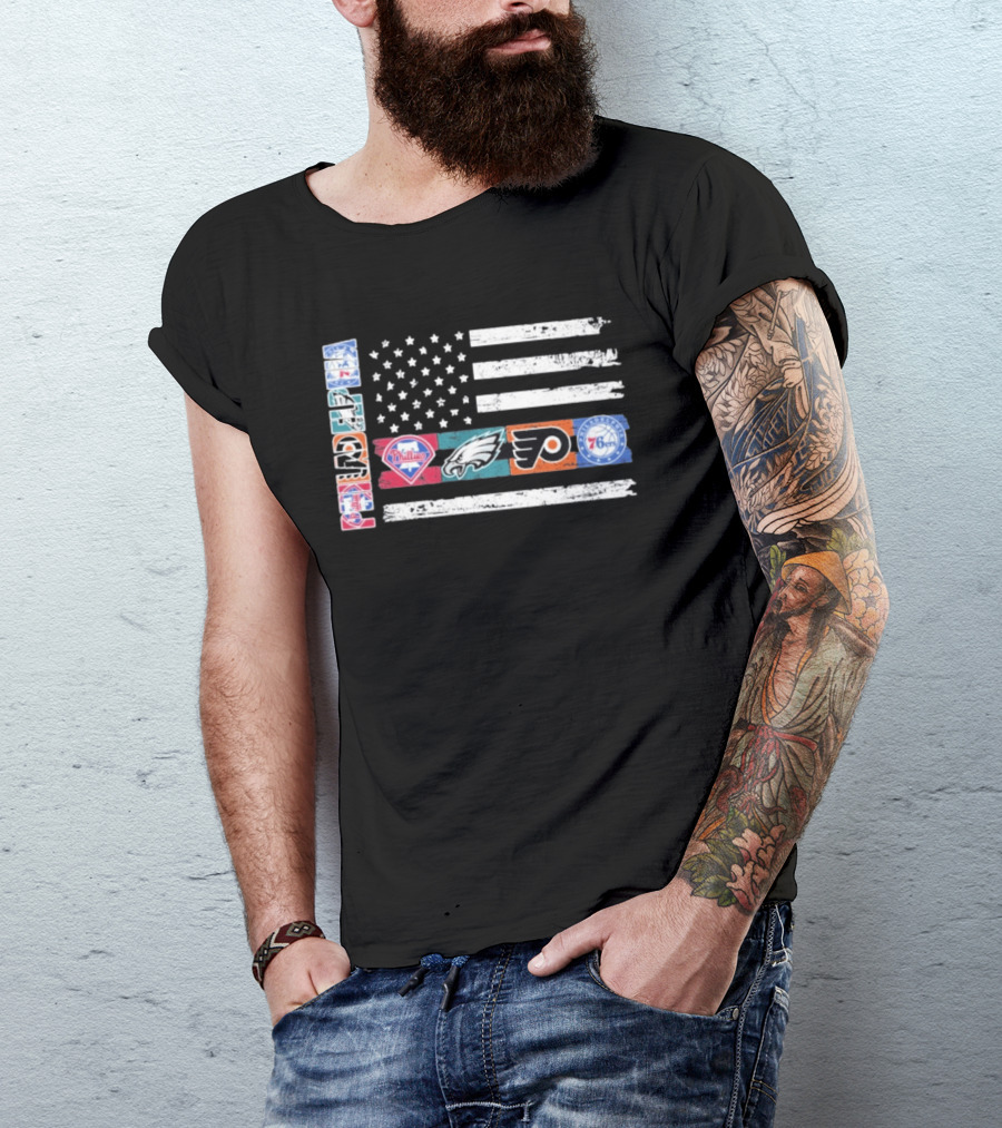 Philadelphia Sports Teams 250th Anniversary USA Flag Phillies Eagles Flyers 76ers T-Shirt