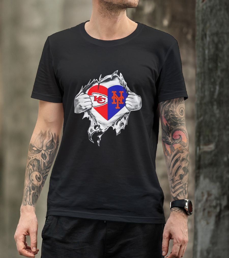 Kansas City Chiefs New York Mets Heart Torn Chest Combo T-Shirt