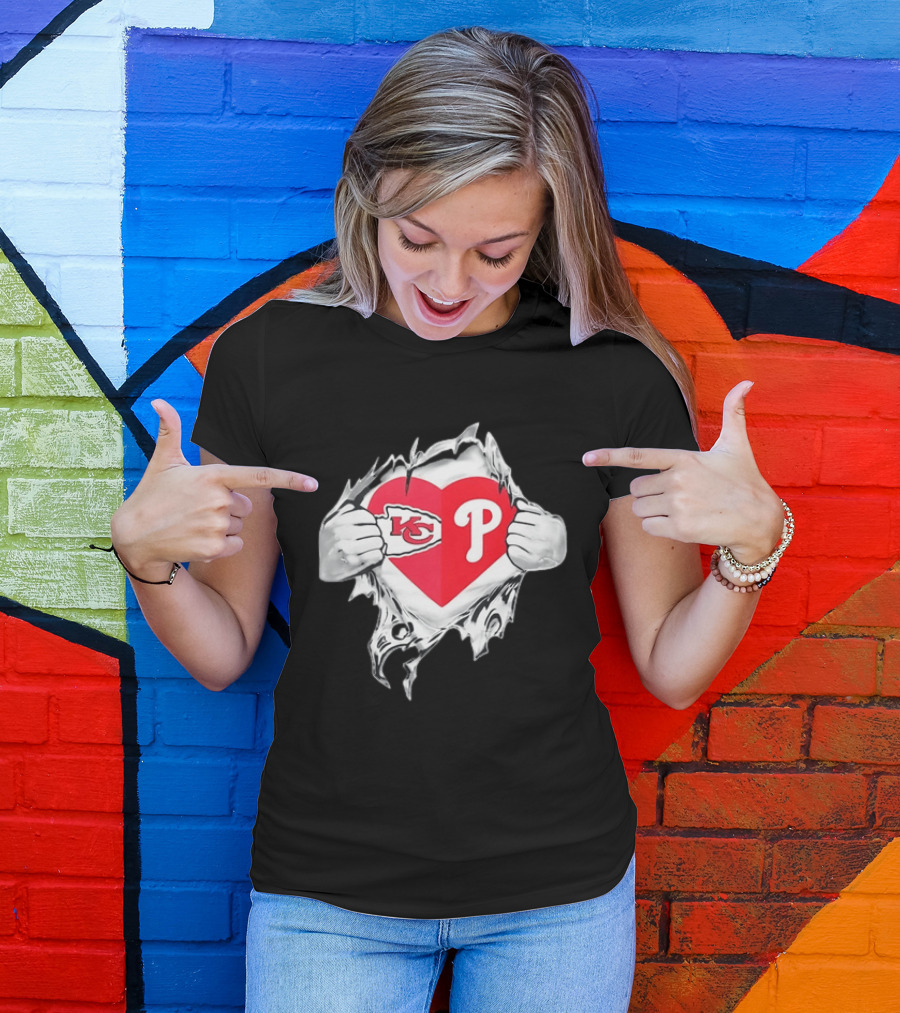 KC Phillies Rip Heart Chiefs Phillies Fan T-Shirt