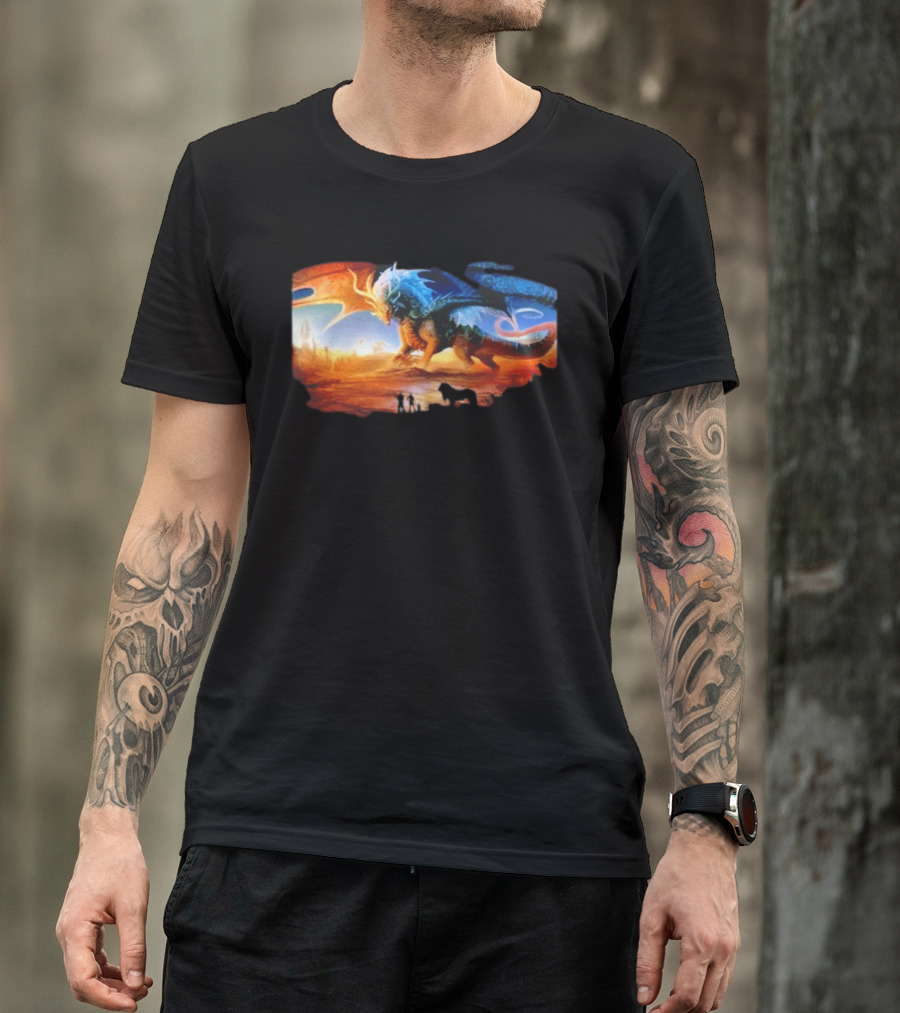 Giant Dragon In Radiant Golden Light With Blue And Orange Wings T-Shirt