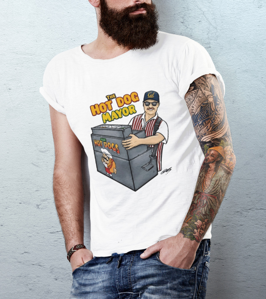The Hot Dog Mayor Vendor With Cal Hat And Hot Dogs Cart T-Shirt