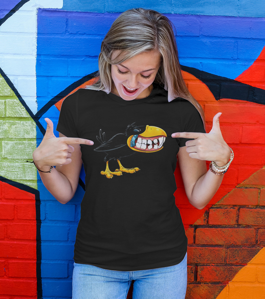 Crow With Huge Teeth Cartoon Blue Phone Green T-Shirt