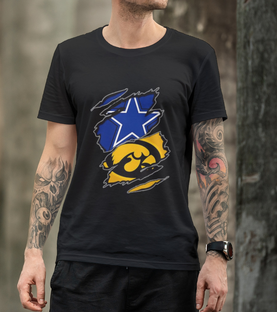 Dallas Cowboys Star And Iowa Hawkeyes Ripped Logo Sports Fan Gear T-Shirt