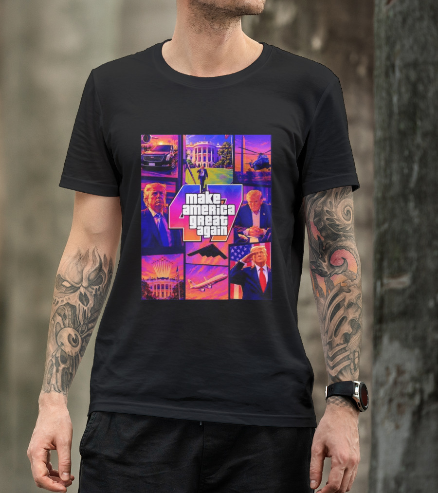 Make America Great Again GTA 47 Parody Trump White House Military Aircraft Montage T-Shirt