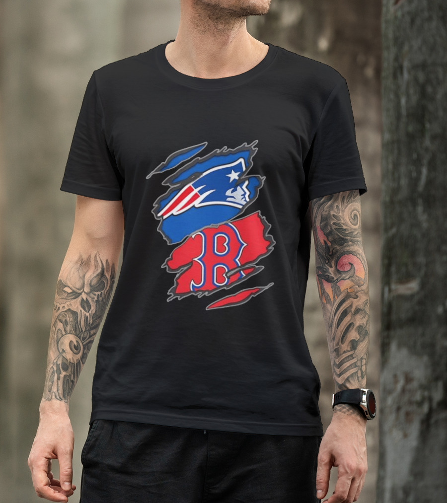 Patriots Red Sox Ripped Design New England Boston Sports Fan T-Shirt