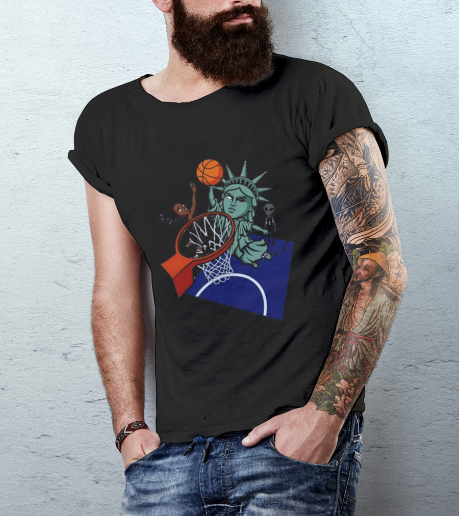 Statue Of Liberty Basketball Dunk With Alien And Athlete Joe Maracic T-Shirt