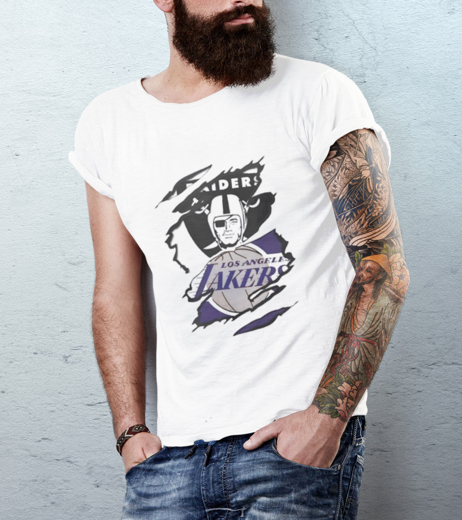 Las Vegas Raiders Los Angeles Lakers Beneath The Surface Raiders Helmet Basketball Fusion T-Shirt
