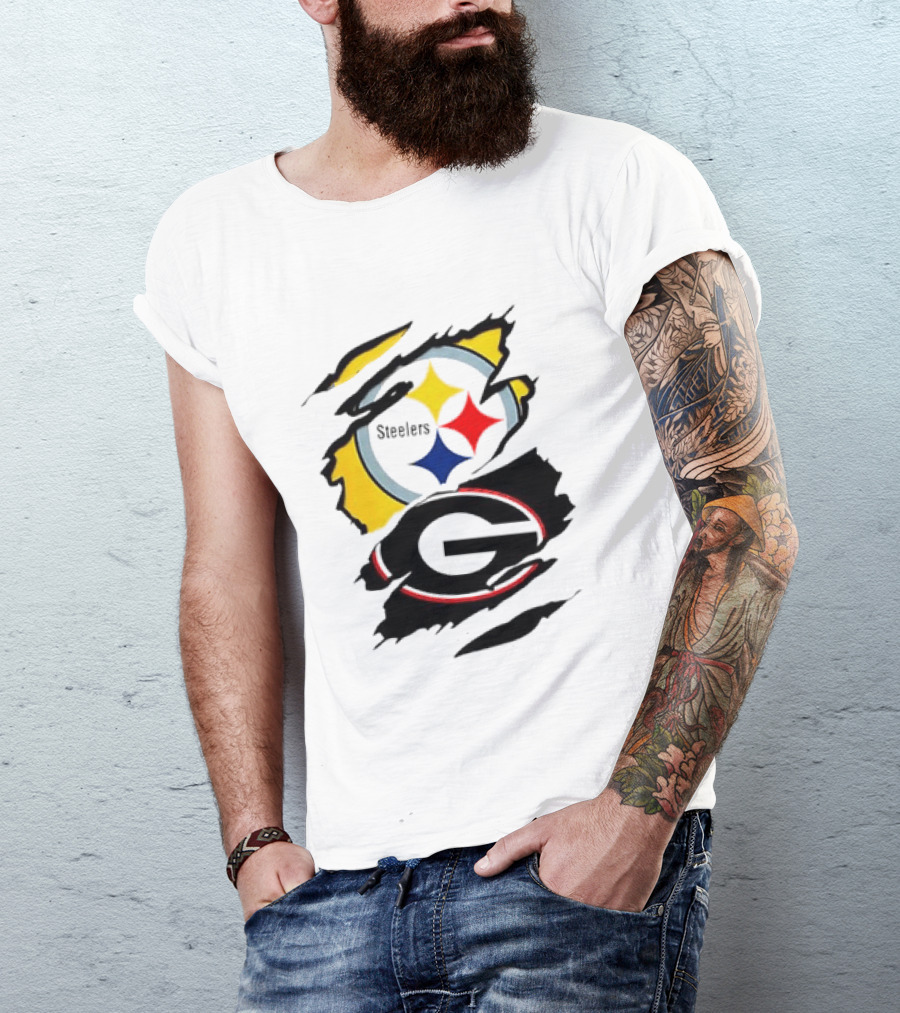 Pittsburgh Steelers Georgia Bulldogs NCAA Football Ripped Torn Effect T-Shirt