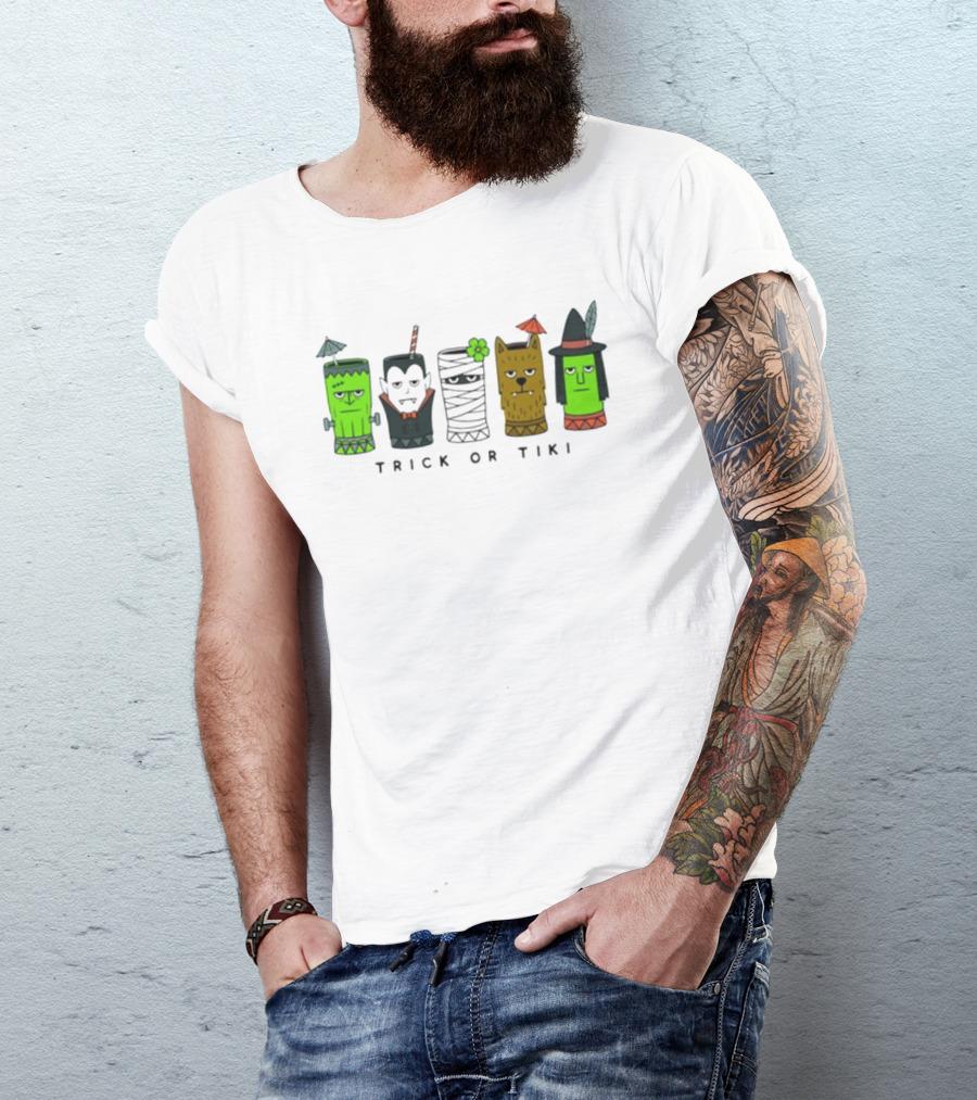 Trick Or Tiki Frankenstein Vampire Mummy Werewolf Witch Halloween T-Shirt