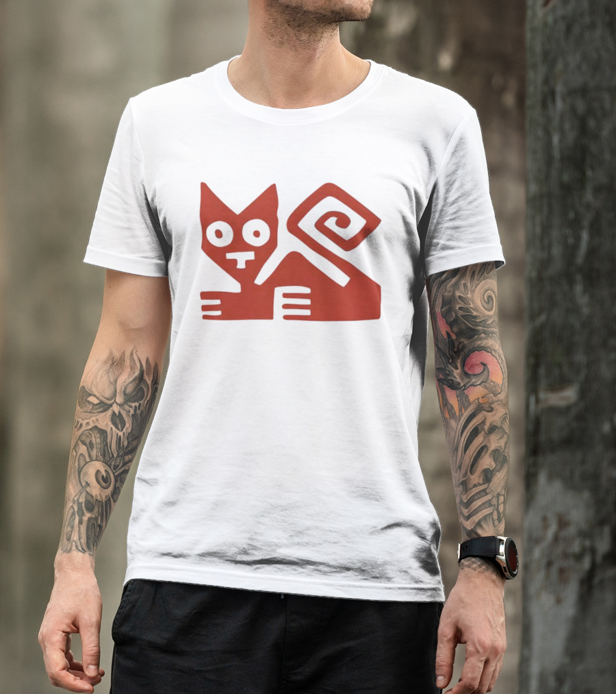 Peruvian Cat Nazca Lines Style Geometric Red T-Shirt