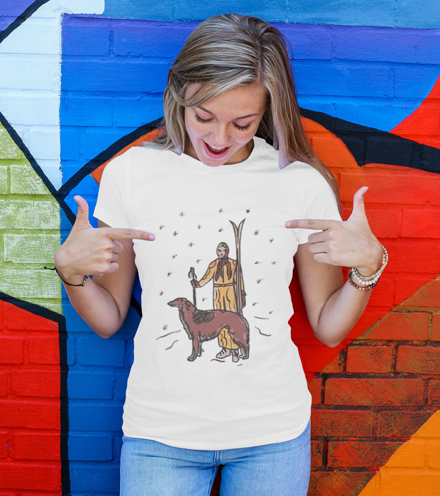 Woman Skiing With Borzoi Dog In Winter Sports Scene T-Shirt