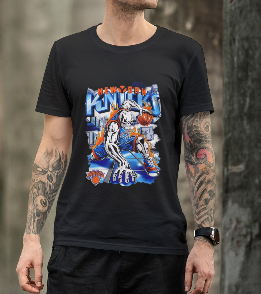 New York Knicks NBA Basketball Skull Player And City Flames T-Shirt