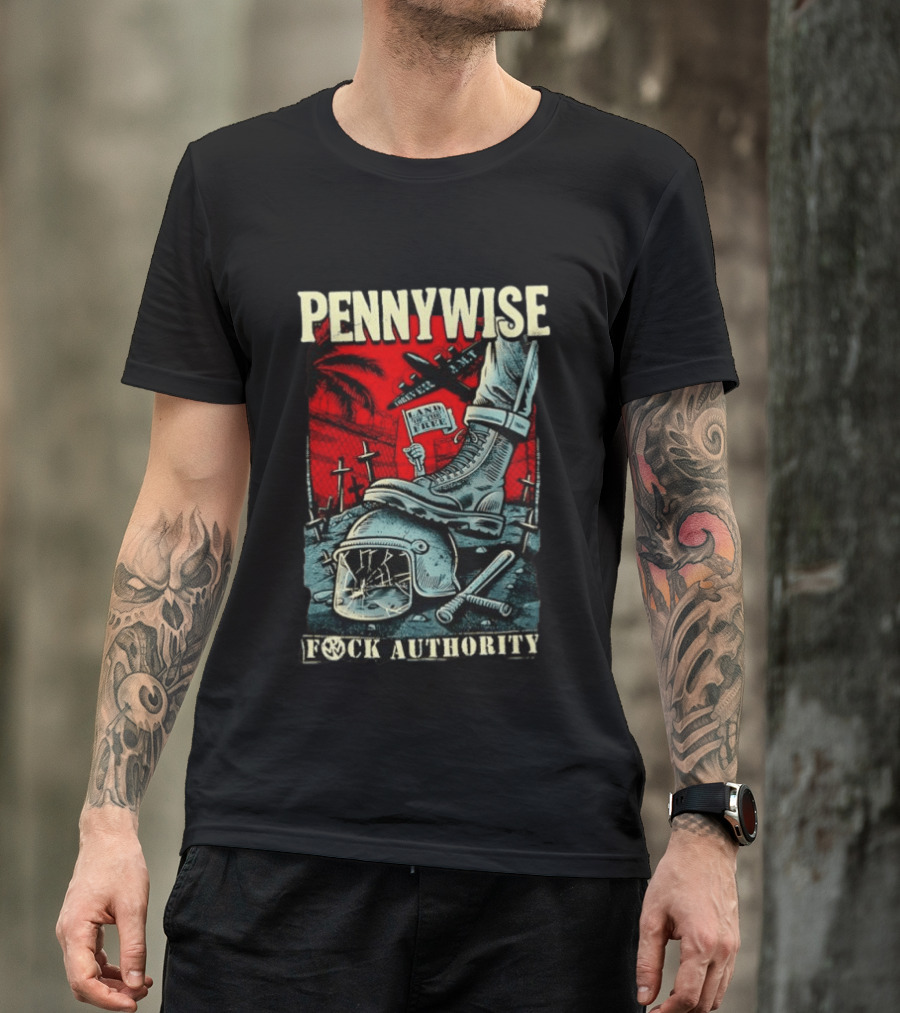 Pennywise Fock Authority Land Of The Free Forever Dystopian Punk Imagery With Boot And Helmet T-Shirt