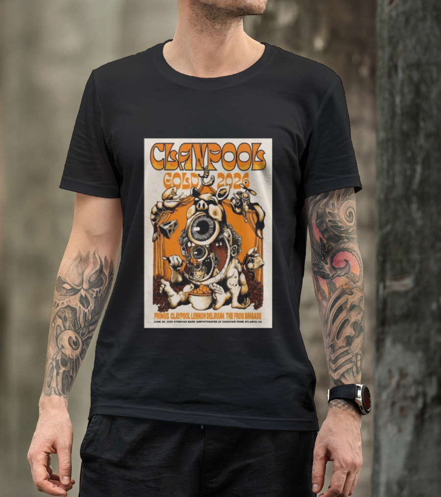 Les Claypool Gold 2026 Primus Delirium Frog Brigade June 20 Synovus Bank Amphitheater Atlanta T-Shirt