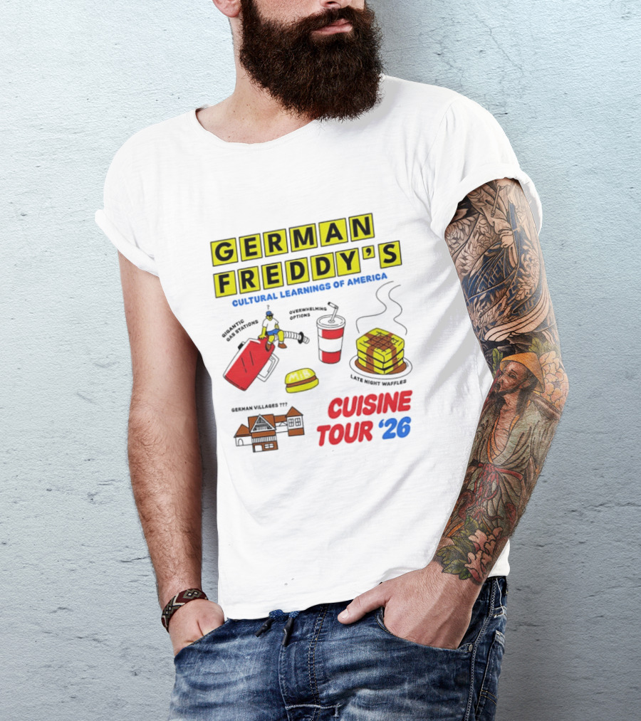 German Freddy's Cultural Learnings Of America Cuisine Tour '26 Village Fest Waffle Burger Soda T-Shirt