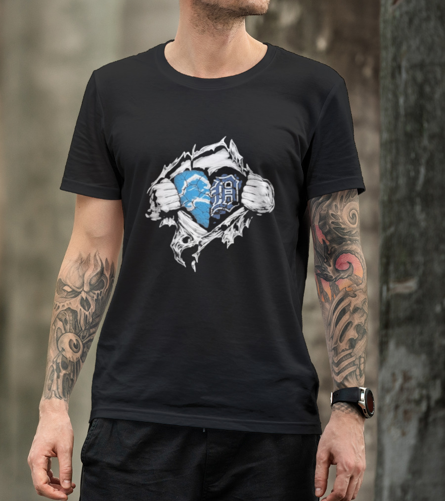 Detroit Lions Tigers Heart Ripped Design Collaboration Sports Fandom T-Shirt