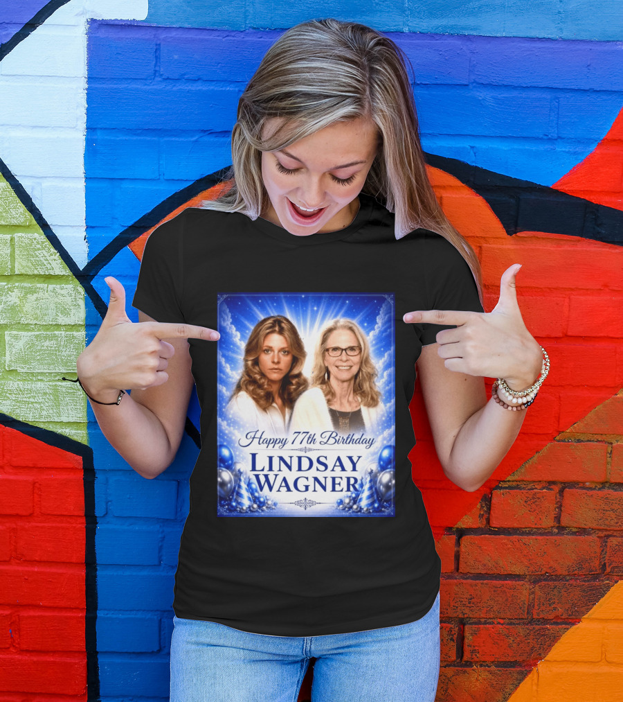 Happy 77th Birthday Celebration Lindsay Wagner Blue Party Balloons T-Shirt
