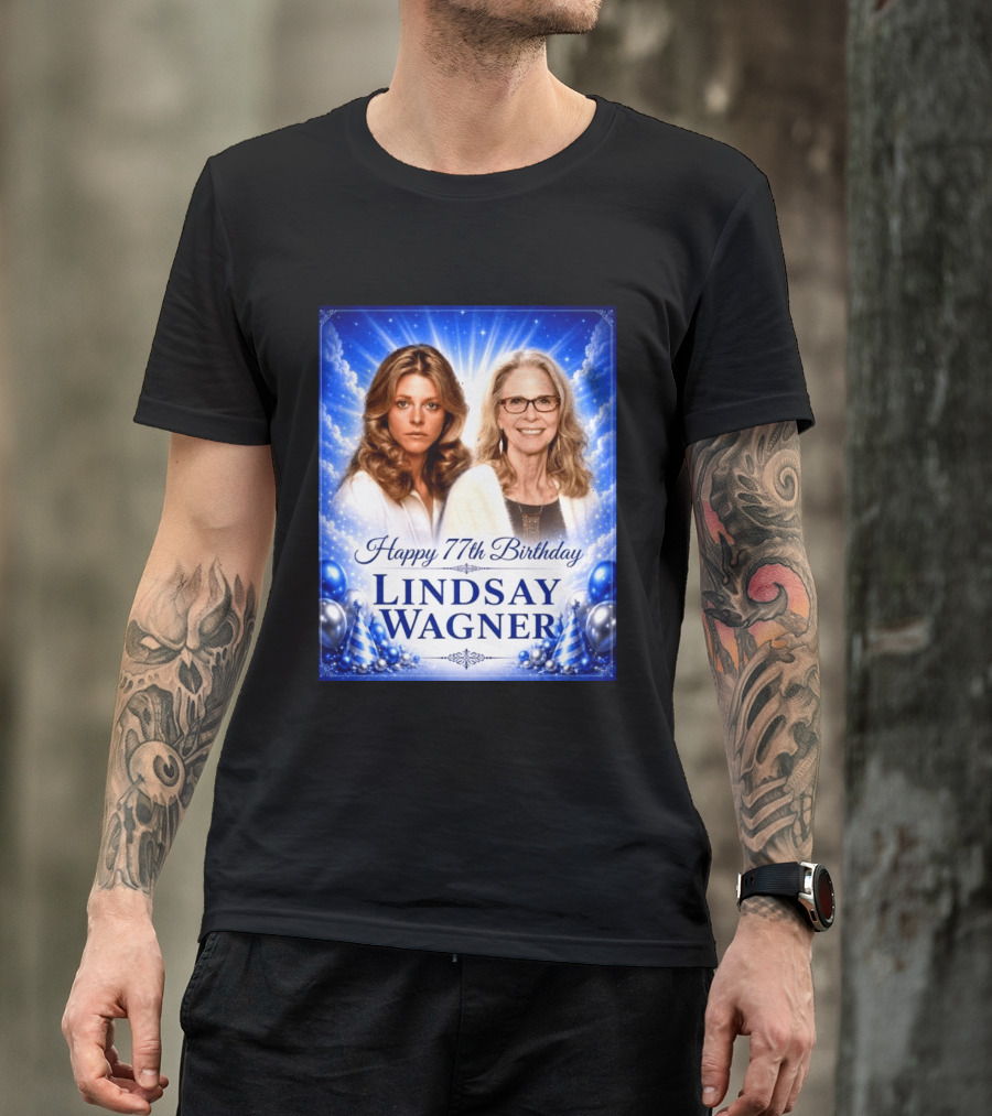 Happy 77th Birthday Celebration Lindsay Wagner Blue Party Balloons T-Shirt