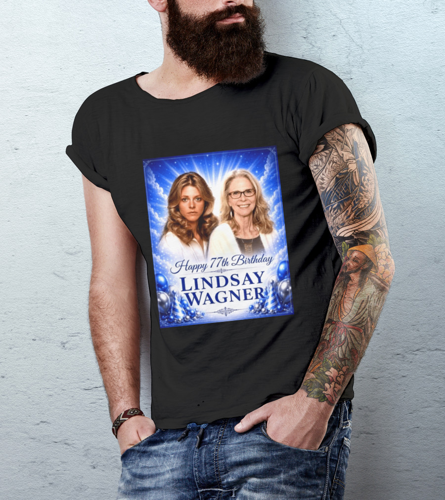 Happy 77th Birthday Celebration Lindsay Wagner Blue Party Balloons T-Shirt