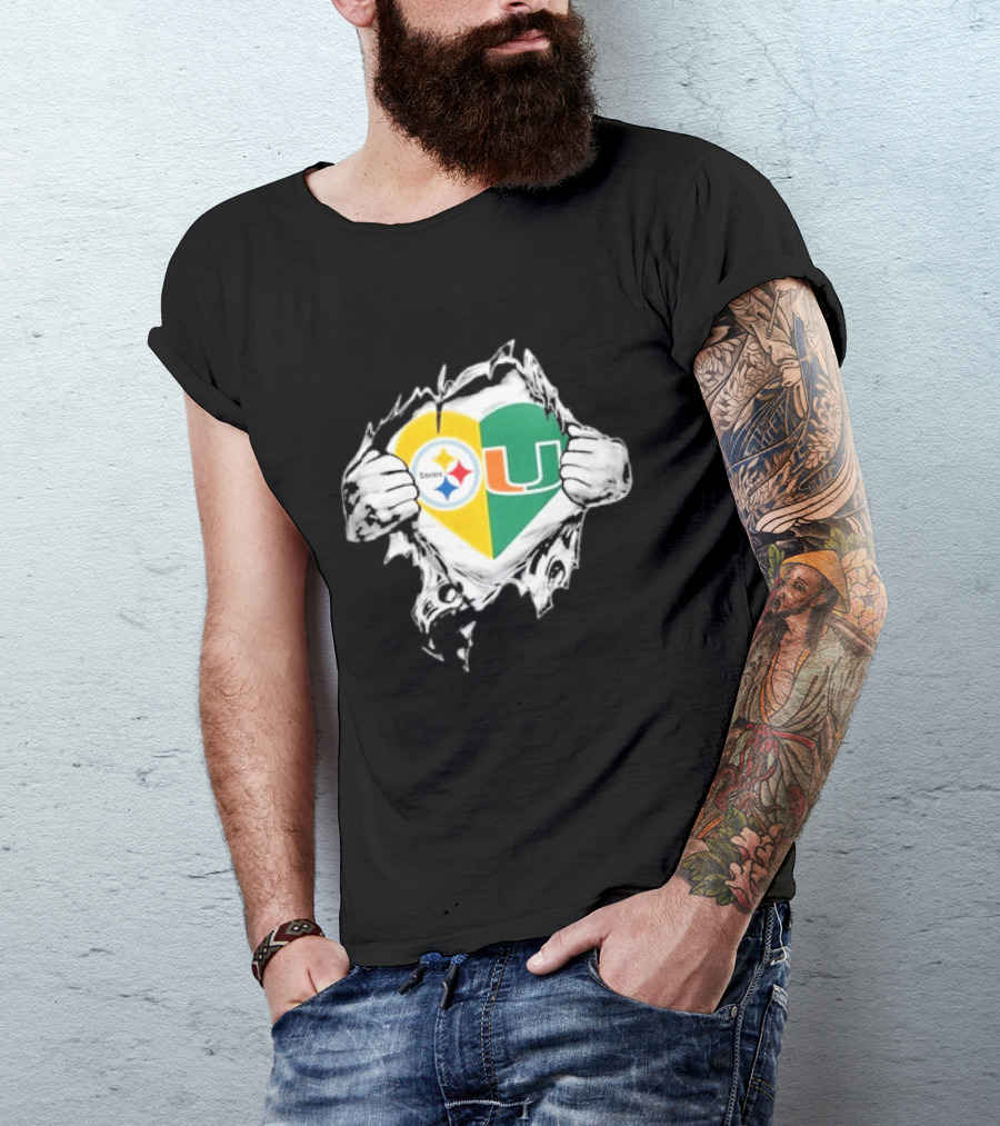 Steelers Miami Hurricanes Heart In My DNA Hands Football Fan Pride T-Shirt