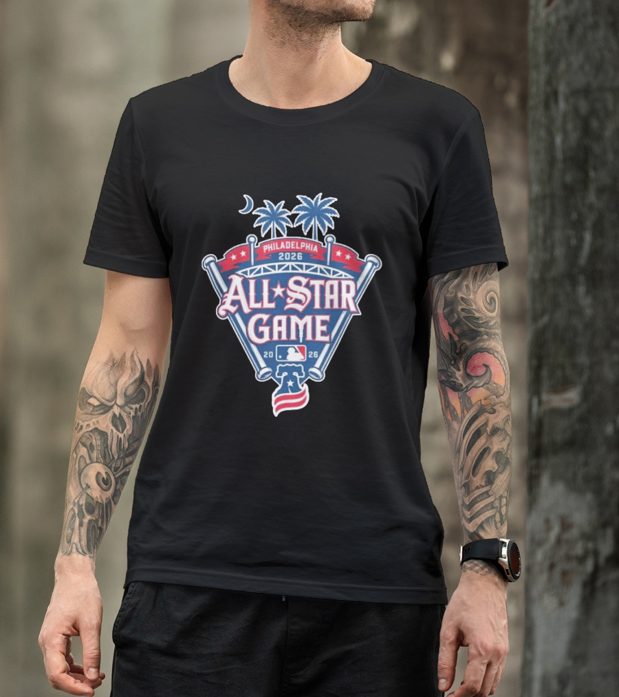 MLB All Star Game Philadelphia 2026 Palm Trees Baseball Bat Logo Night Skyline T-Shirt