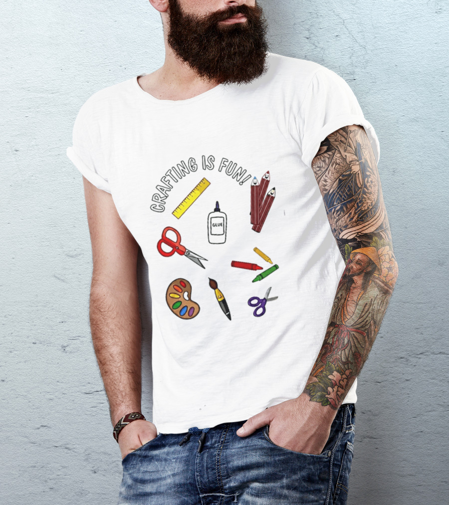 Crafting Is Fun Supplies Scissors Glue Paintbrush Crayons Palette Ruler T-Shirt