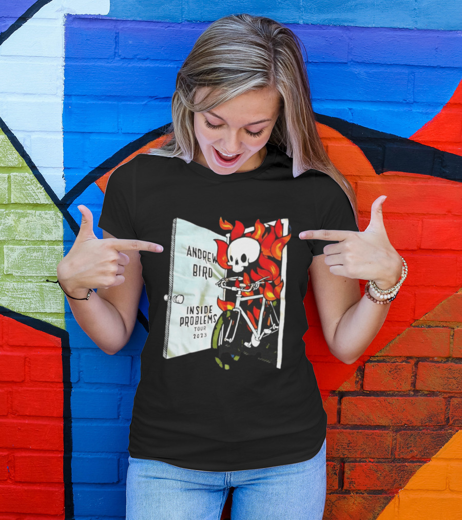 Andrew Bird Inside Problems Tour 2023 Flaming Skeleton On Bicycle T-Shirt