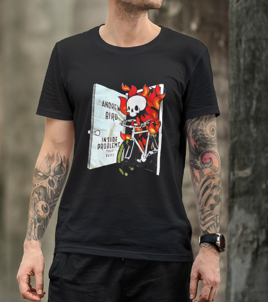 Andrew Bird Inside Problems Tour 2023 Flaming Skeleton On Bicycle T-Shirt